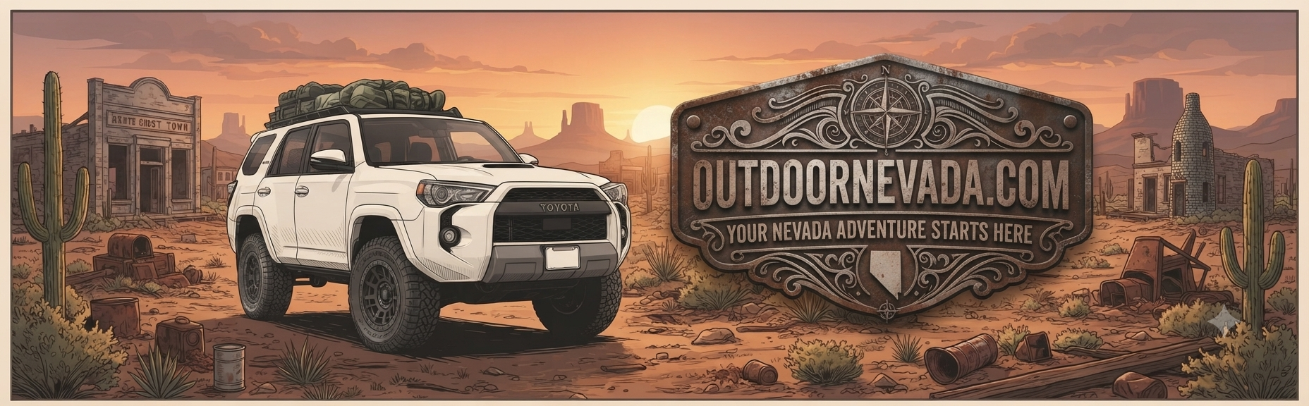 Outdoor Nevada — a 4x4 parked in front of a ghost town at sunset near Monument Valley-style buttes